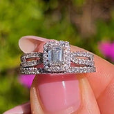 Hollow fork Radiant Cut Sterling Silver Wedding Rings