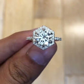 Hexagon Round Cut Sterling Silver Wedding Rings