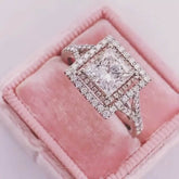 Double Halo Princess Cut Sterling Silver Engagement Rings