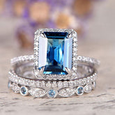 Sapphire Emerald Cut Sterling Silver Wedding Sets