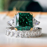 Emerald Radiant Cut Three Stone Sterling Silver Wedding Rings