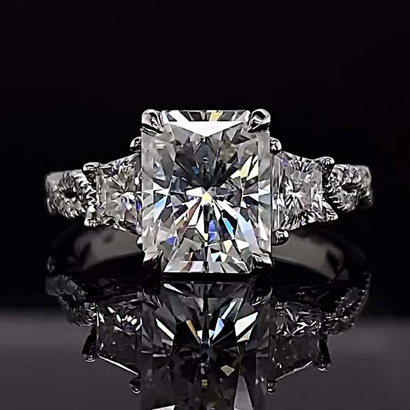 Three Stone Radiant Cut Sterling Silver Engagement Rings