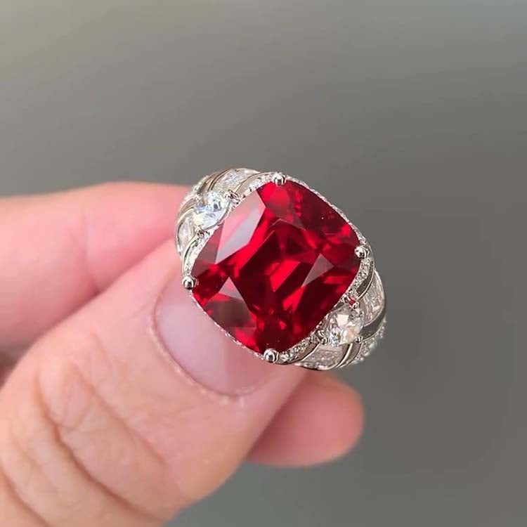 Ruby Cushion Cut Sterling Silver Wedding Rings