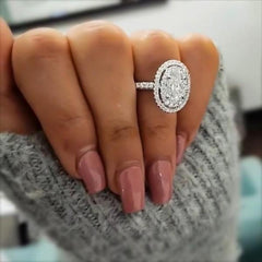Double Halo Oval Cut Sterling Silver Wedding Rings