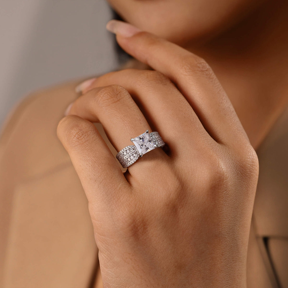 Dense Diamond Princess Cut Sterling Silver Engagement Rings