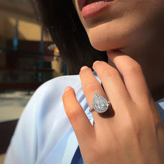 Double Halo Pear Cut Silver Halo Engagement Rings