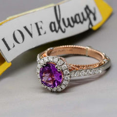 Purple Diamond Round Cut Sterling Silver Halo Engagement Rings