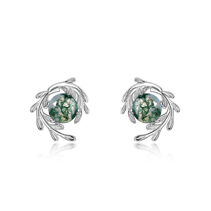 Green Moss Stone Silver Earrings Water Grass Agate