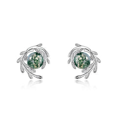 Green Moss Stone Silver Earrings Water Grass Agate