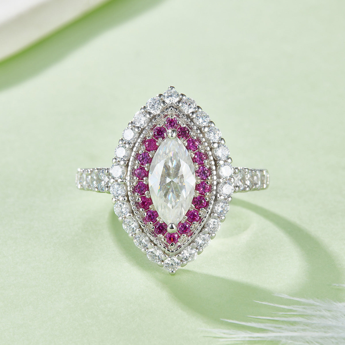 Marquise Cut Moissanite Halo Sterling Silver Wedding Rings