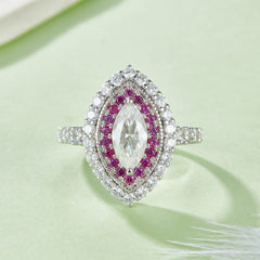 Marquise Cut Moissanite Halo Sterling Silver Wedding Rings