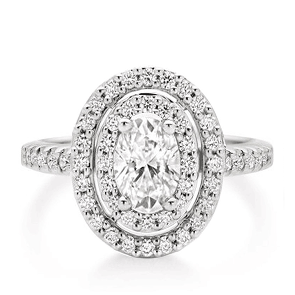 Double Halo Oval Cut Sterling Silver Wedding Rings