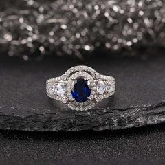 Oval Cut Halo Sterling Silver Wedding Rings
