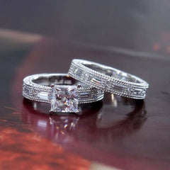 Elegant Princess Cut Sterling Silver Wedding Sets