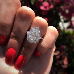 Double Halo Pear Cut Silver Halo Engagement Rings