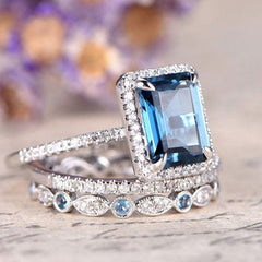 Sapphire Emerald Cut Sterling Silver Wedding Sets