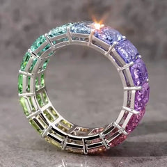 Radiant Cut Gradient Rainbow Colors Silver Wedding Bands