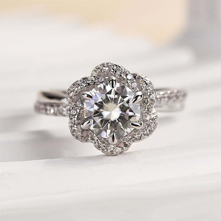 Flowers Round Cut Sterling Silver Engagement Rings