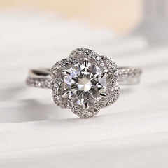 Flowers Round Cut Sterling Silver Engagement Rings