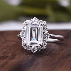 Halo Sterling Silver Emerald Cut Engagement Rings