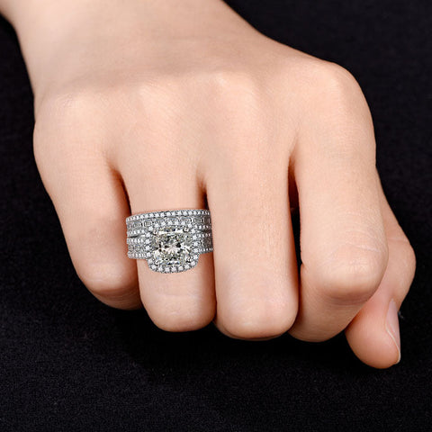 Luxurious Full Diamond Micro-Inlay 5 CT Cushion Cut Bridal Ring Sets