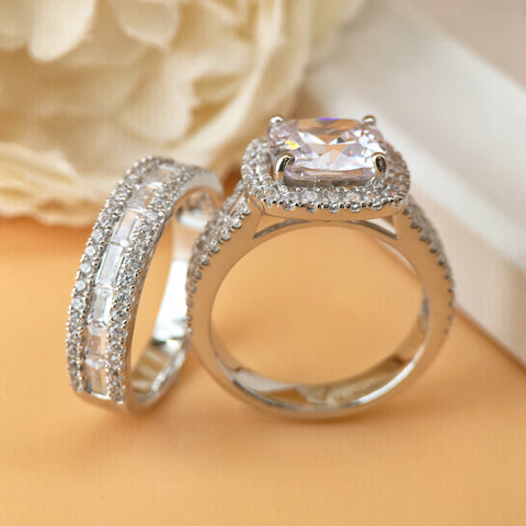 Luxurious Full Diamond Micro-Inlay 5 CT Cushion Cut Bridal Ring Sets