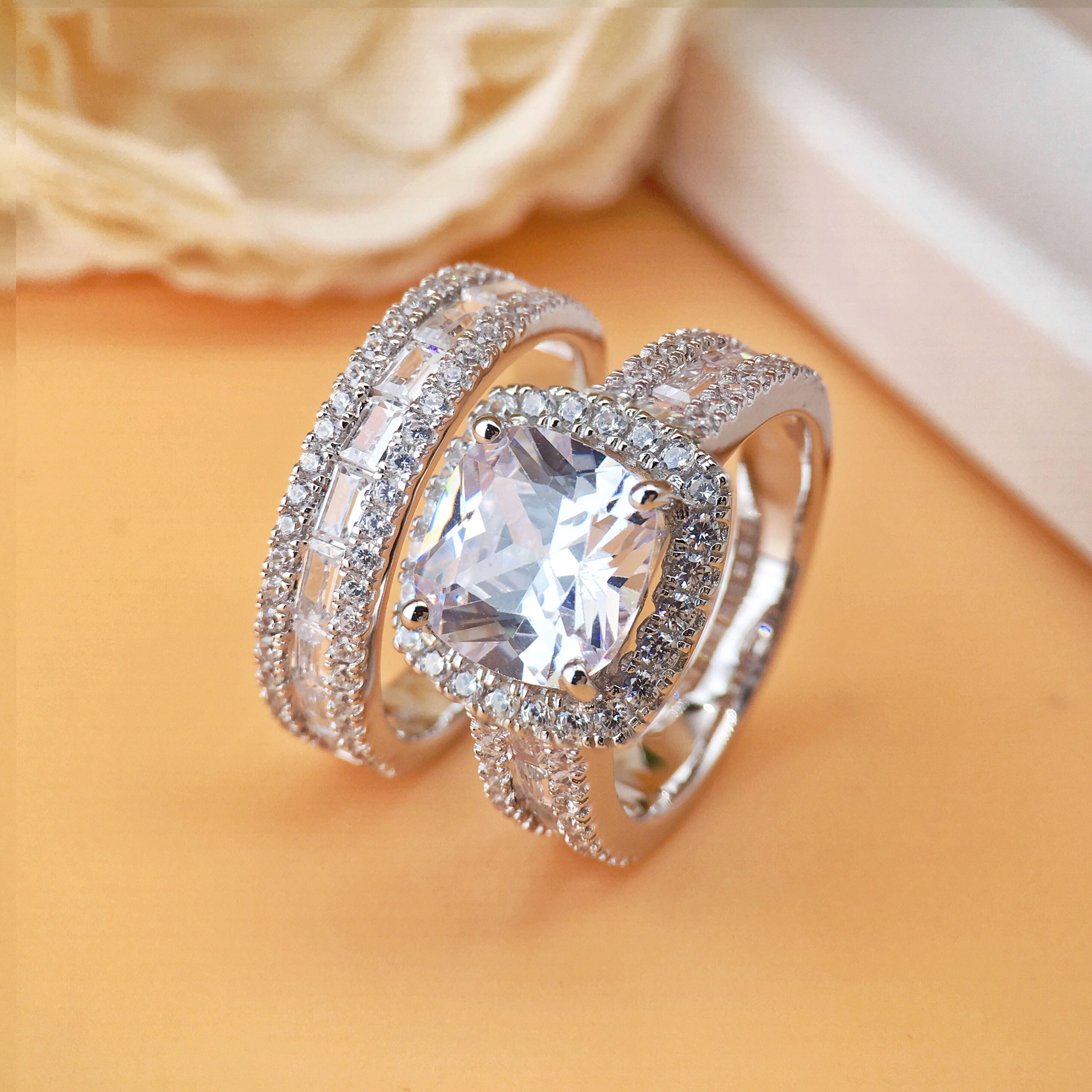 Luxurious Full Diamond Micro-Inlay 5 CT Cushion Cut Bridal Ring Sets