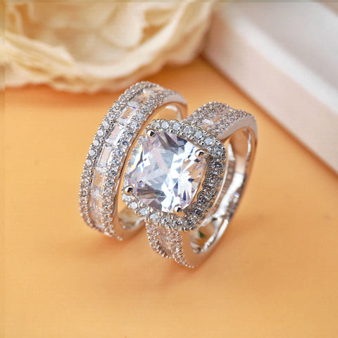 Luxurious Full Diamond Micro-Inlay 5 CT Cushion Cut Bridal Ring Sets