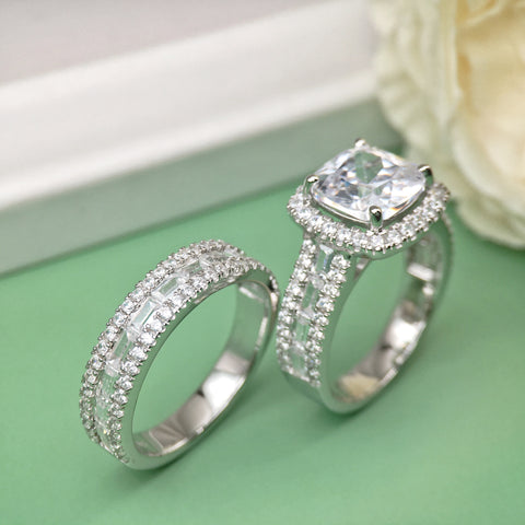 Luxurious Full Diamond Micro-Inlay 5 CT Cushion Cut Bridal Ring Sets