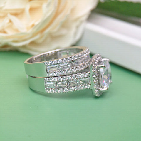 Luxurious Full Diamond Micro-Inlay 5 CT Cushion Cut Bridal Ring Sets