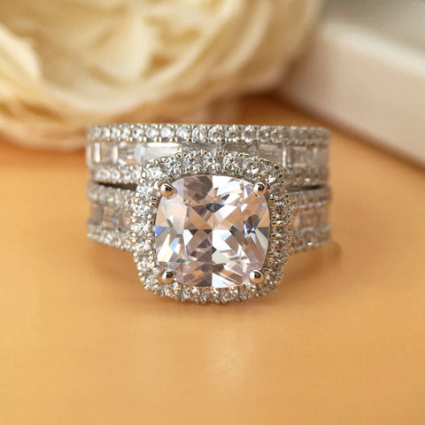 Luxurious Full Diamond Micro-Inlay 5 CT Cushion Cut Bridal Ring Sets