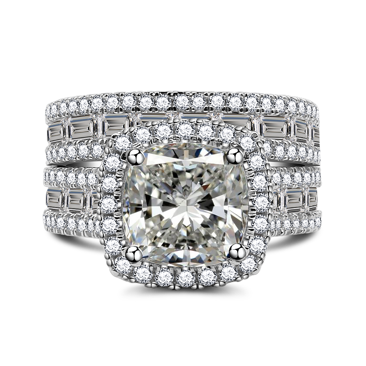 Luxurious Full Diamond Micro-Inlay 5 CT Cushion Cut Bridal Ring Sets