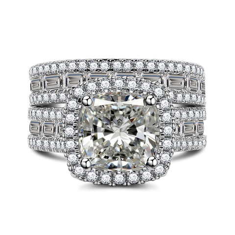 Luxurious Full Diamond Micro-Inlay 5 CT Cushion Cut Bridal Ring Sets