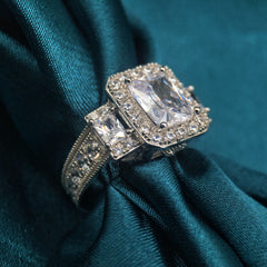 Brilliant Radiant Cut Halo Sterling Silver Engagement Rings