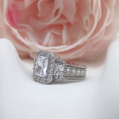Brilliant Radiant Cut Halo Sterling Silver Engagement Rings