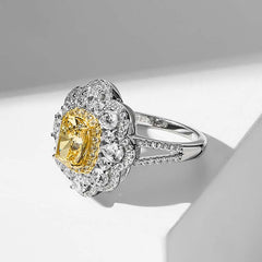 Yellow Ice Flower Cushion Cut Sterling Silver Halo Engagement Rings