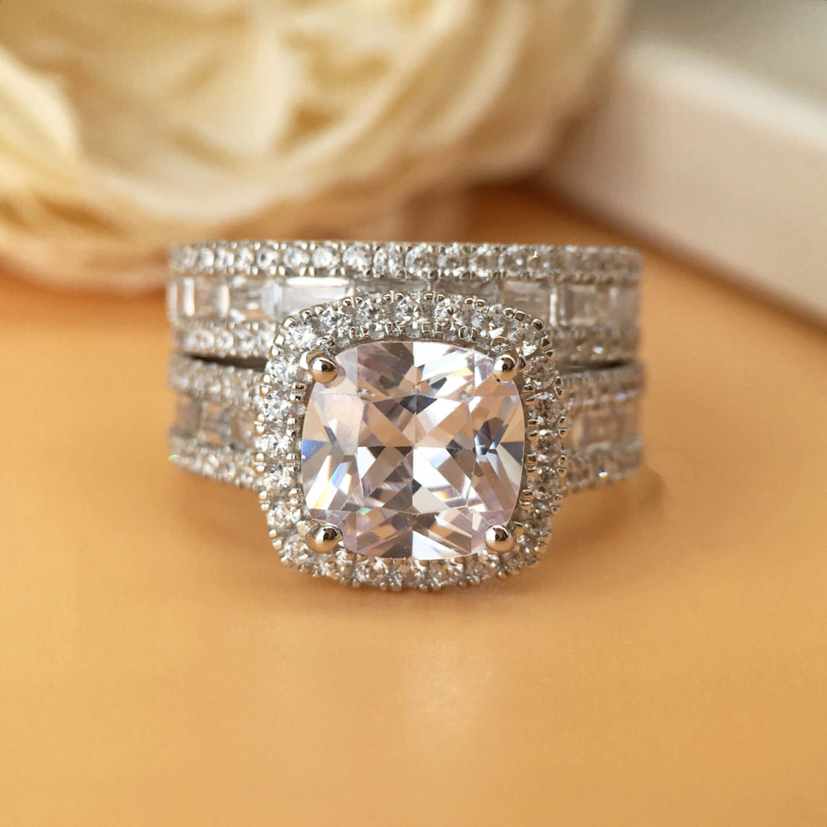 Luxurious Cushion Cut Sterling Silver Wedding Sets
