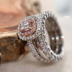 Double Halo Radiant Cut Sterling Silver Wedding Sets