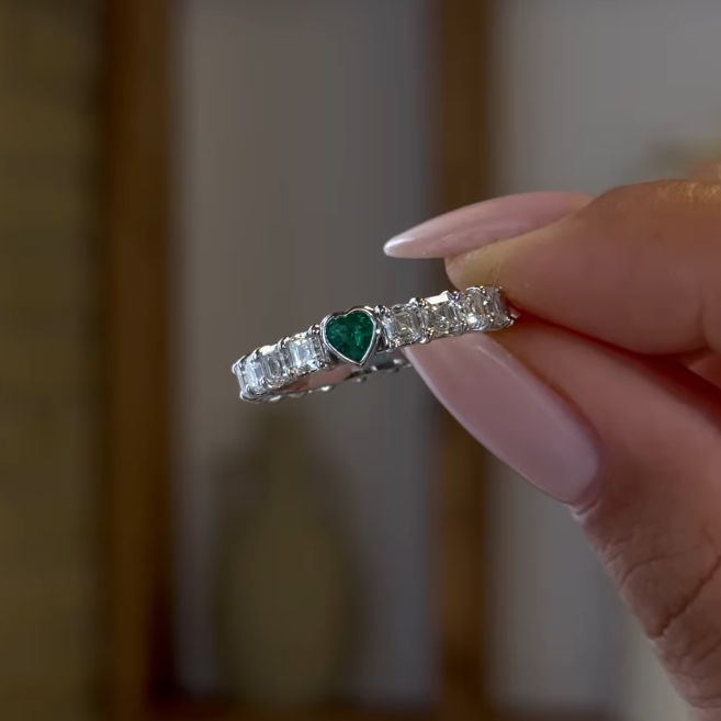 Pavlia Heart Cut Emerald & White Diamond Sterling Silver Engagement Ring