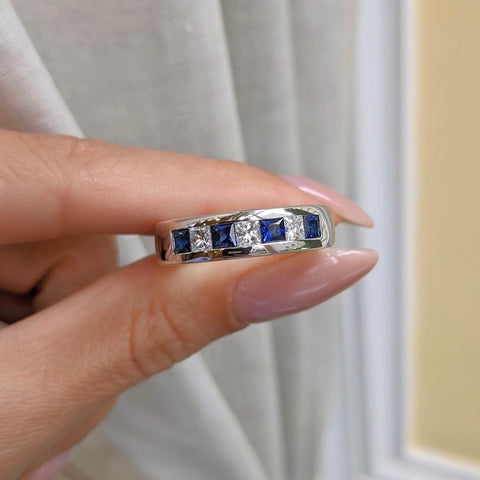 Princess Cut Blue Sapphire Sterling Silver Wedding Bands