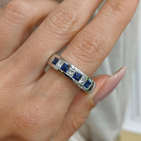 Princess Cut Blue Sapphire Sterling Silver Wedding Bands