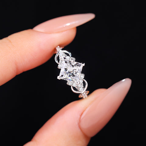 Princess Cut Engagement Ring Art Deco Twig Design Bridal Ring Unique Twist Prong Set Wedding Ring