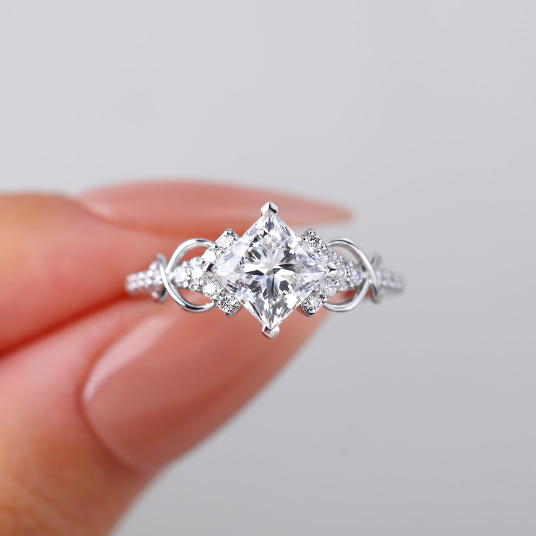 Princess Cut Engagement Ring Art Deco Twig Design Bridal Ring Unique Twist Prong Set Wedding Ring