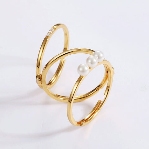 Pearl White Adjustable Length Chain Three-Finger Stacking Wear Stackable Rings