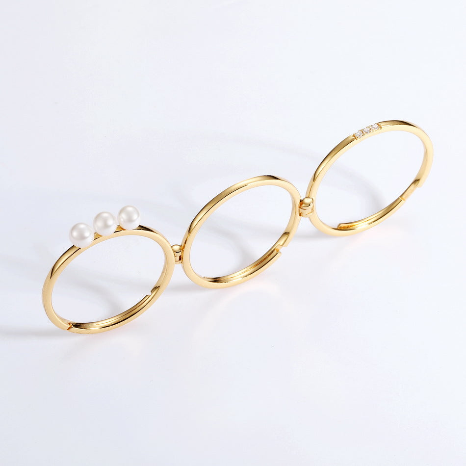 Pearl White Adjustable Length Chain Three-Finger Stacking Wear Stackable Rings