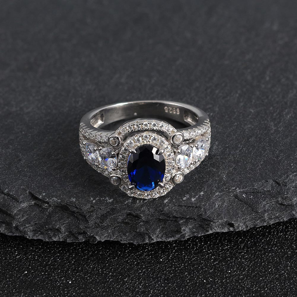 2 CT Oval Cut Halo Sapphire Arc Hollow Sterling Silver Engagement Rings