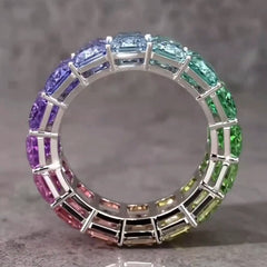 Radiant Cut Gradient Rainbow Colors Silver Wedding Bands