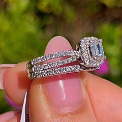 Hollow fork Radiant Cut Sterling Silver Wedding Rings