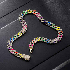 Women's 11mm Silver Cuban Chain Partially Iced with Multi-Color Crystals