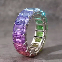 Radiant Cut Gradient Rainbow Colors Silver Wedding Bands